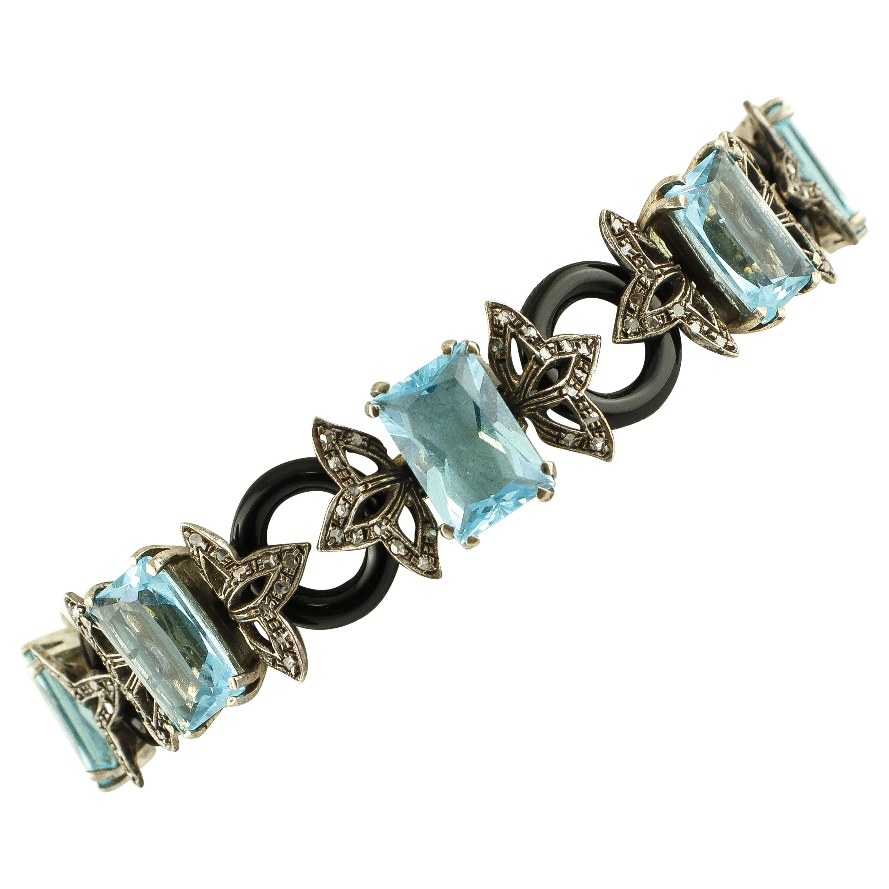 Retro-Armband aus 9 Karat Roségold und Silber mit Diamanten, Onyx, Hartsteinen und Silber im Angebot