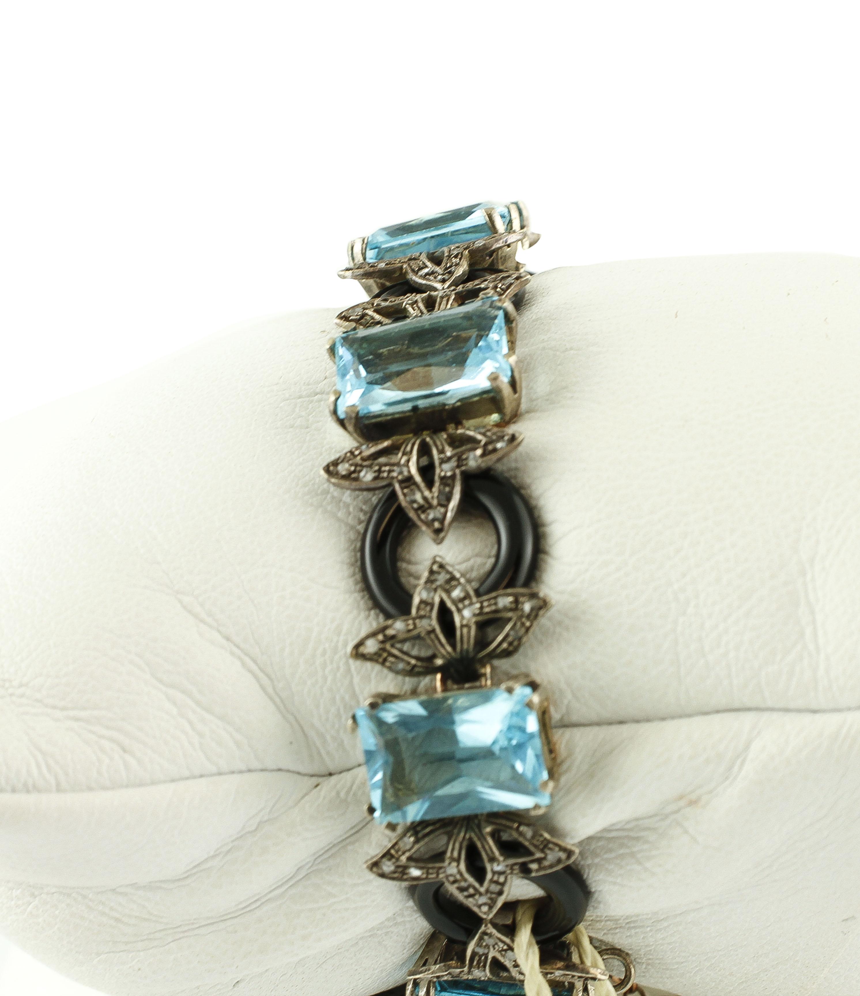 Retro-Armband aus 9 Karat Roségold und Silber mit Diamanten, Onyx, Hartsteinen und Silber (Gemischter Schliff) im Angebot