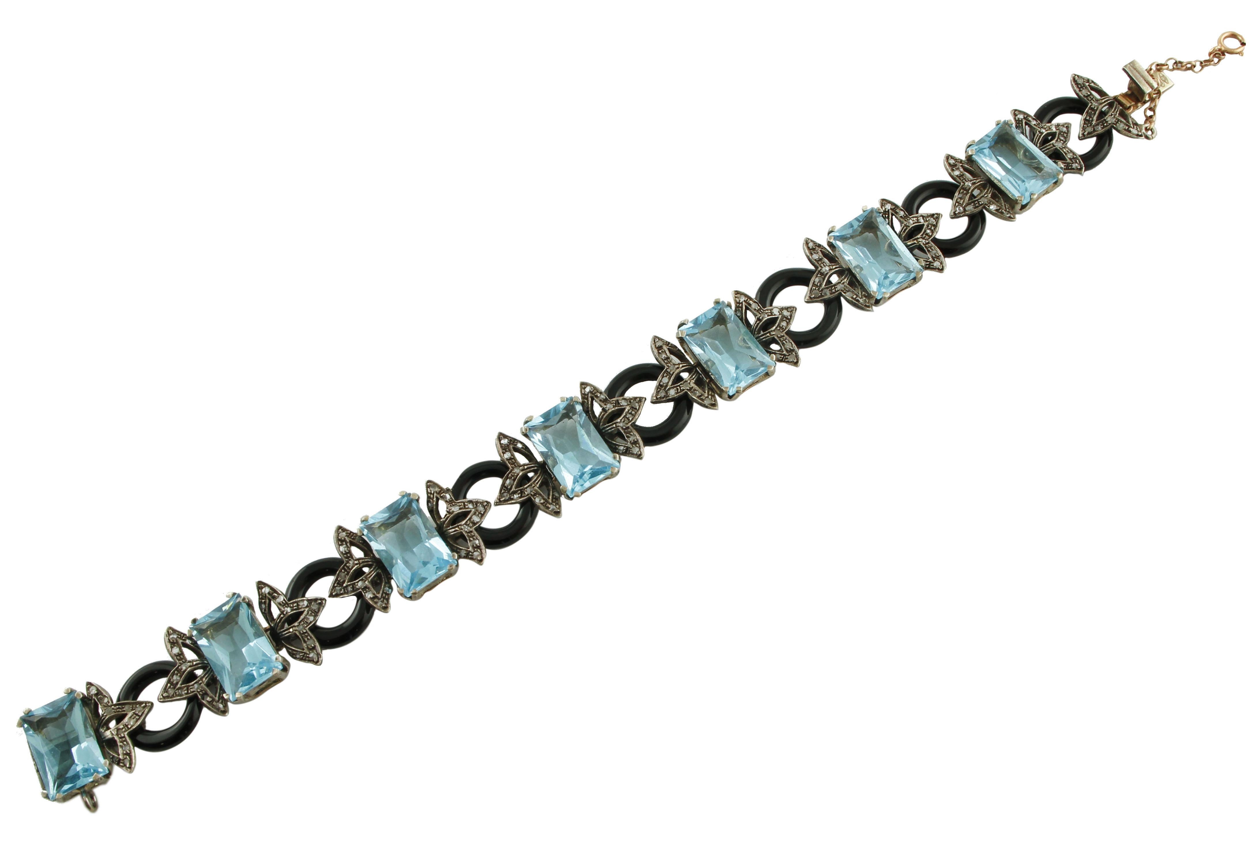 Taille mixte Bracelet rétro en or rose 9 carats, onyx, pierres dures et diamants en vente