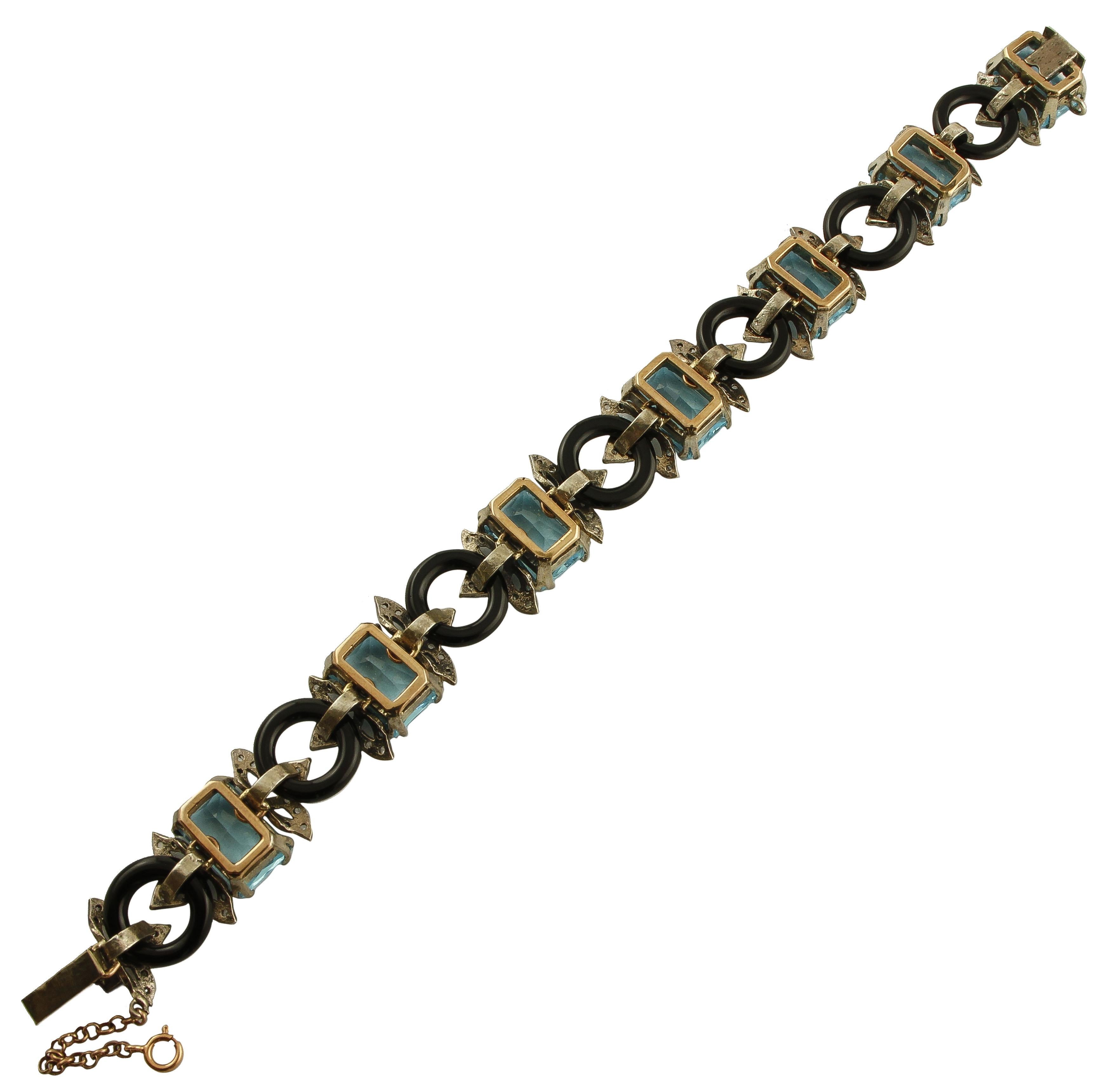 Bracelet rétro en or rose 9 carats, onyx, pierres dures et diamants Bon état - En vente à Marcianise, Marcianise (CE)