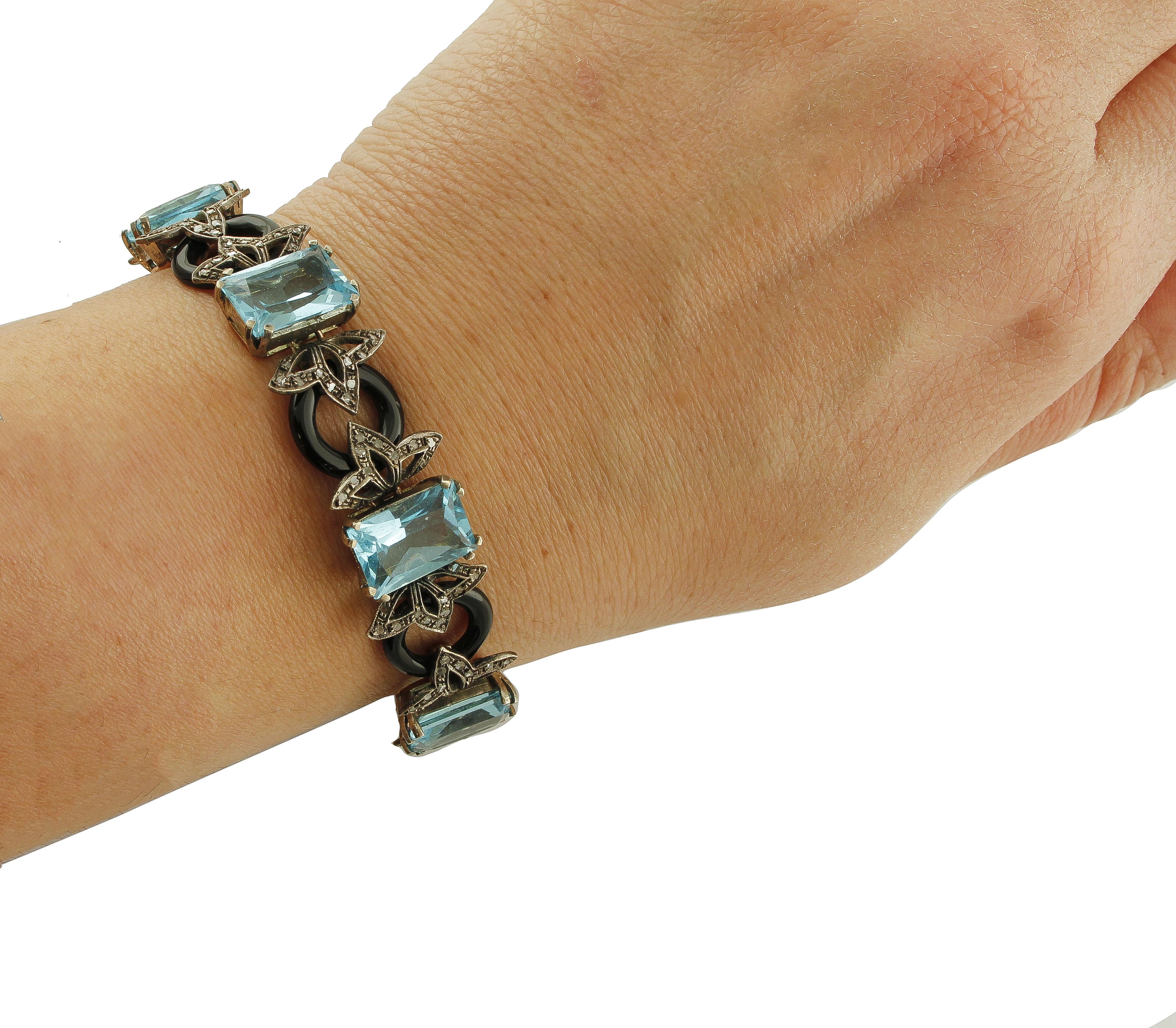 Retro-Armband aus 9 Karat Roségold und Silber mit Diamanten, Onyx, Hartsteinen und Silber im Angebot 2