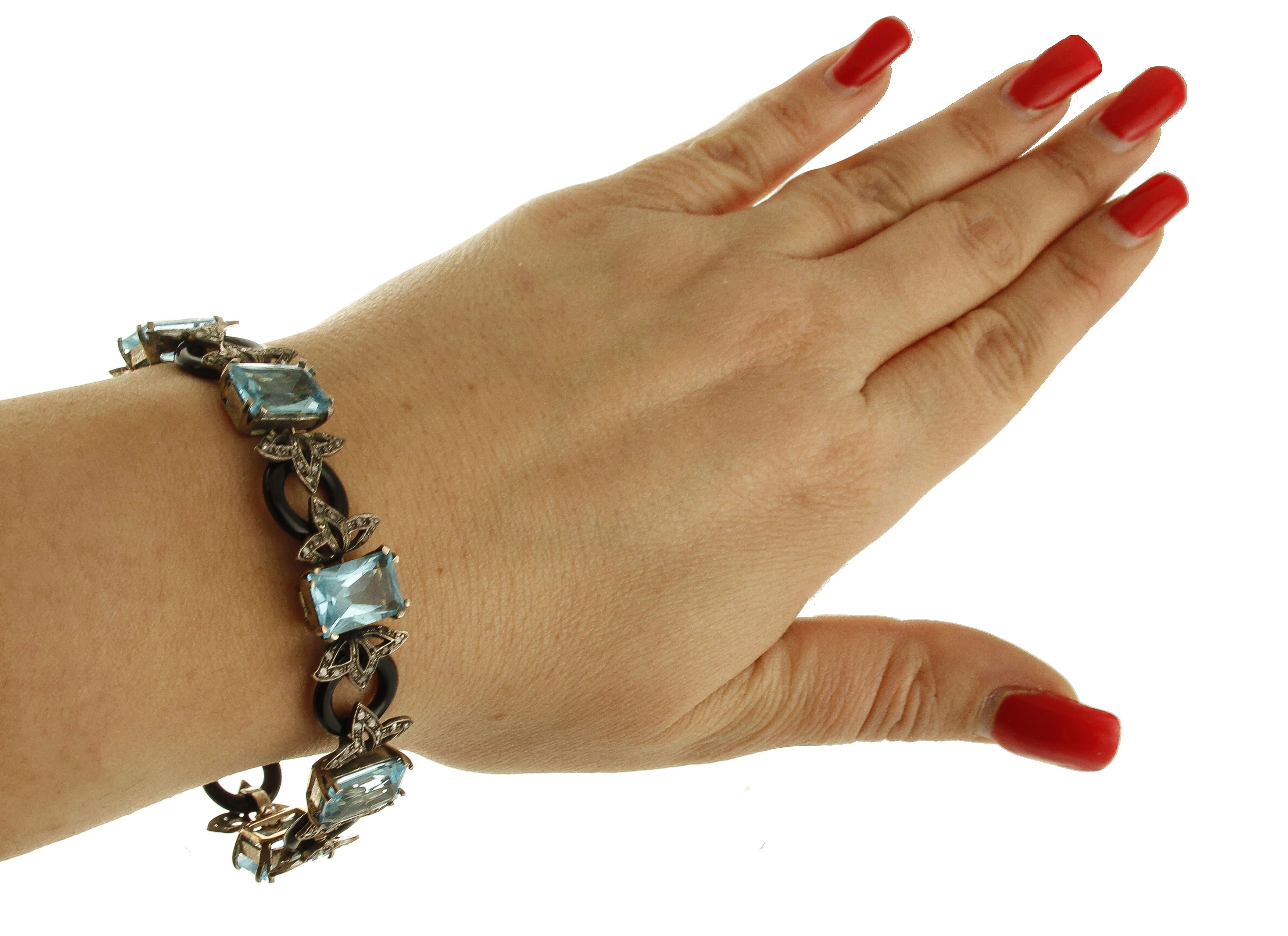 Retro-Armband aus 9 Karat Roségold und Silber mit Diamanten, Onyx, Hartsteinen und Silber im Angebot 3
