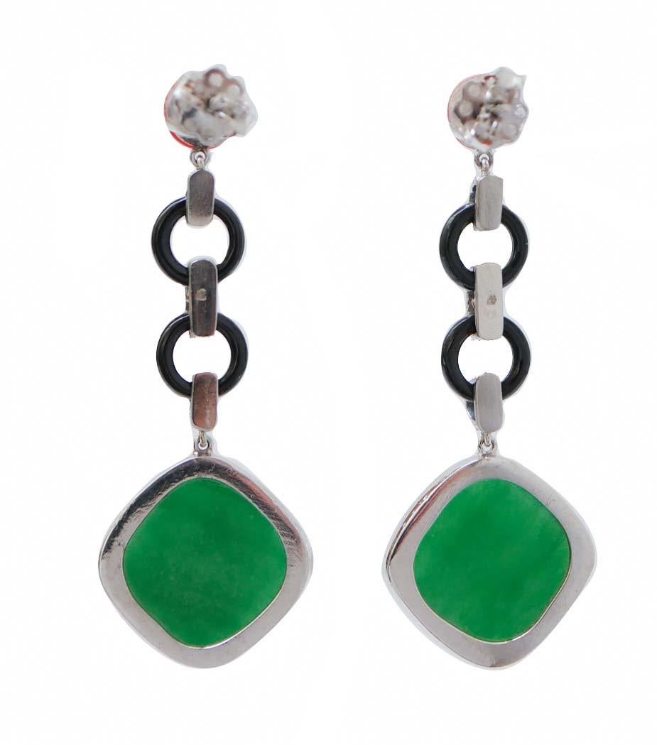 Retro Diamonds, Onyx, Jade, Coral, Platinum Earrings. For Sale