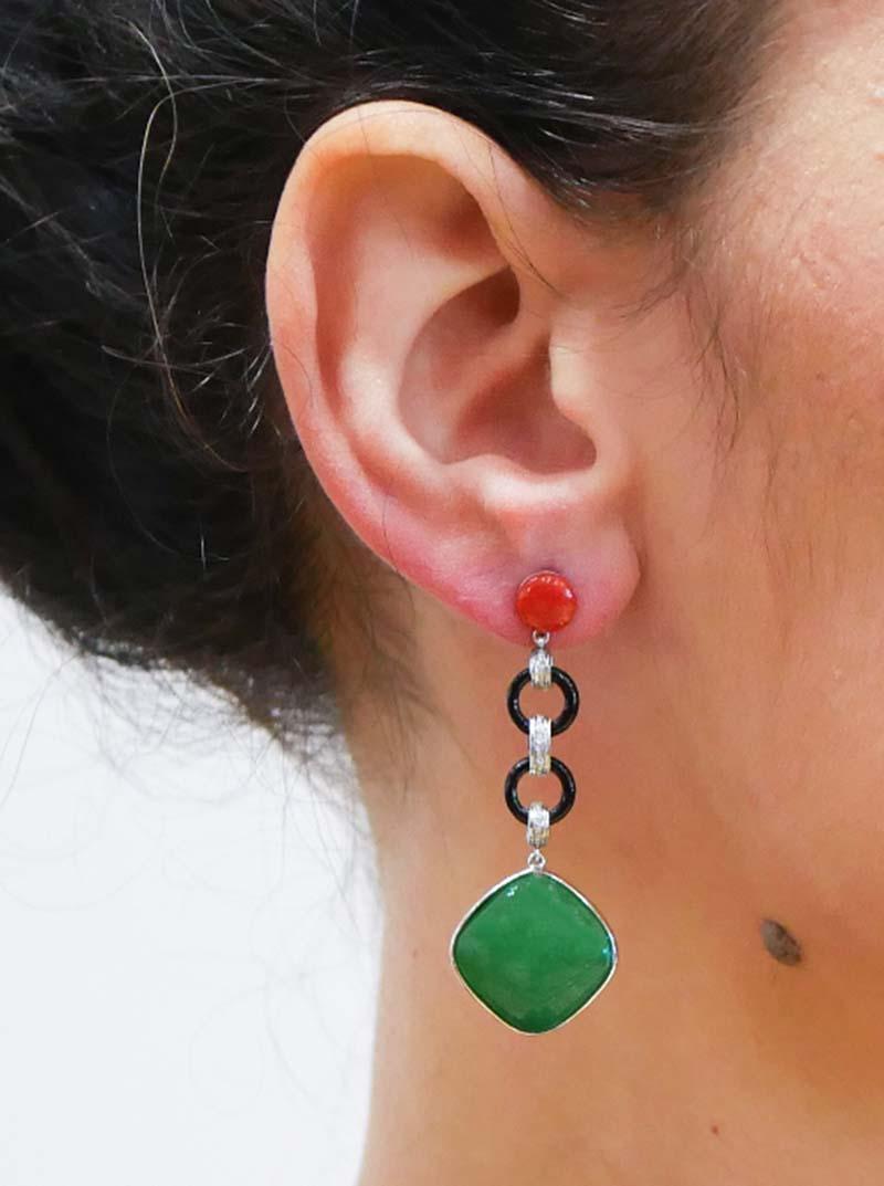 Diamonds, Onyx, Jade, Coral, Platinum Earrings. In Good Condition For Sale In Marcianise, Marcianise (CE)
