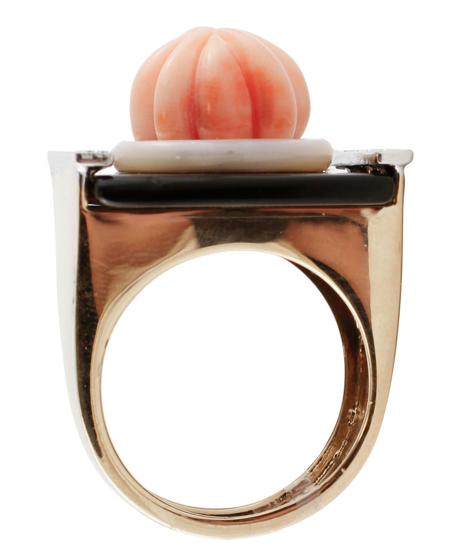 Mixed Cut Diamonds, Onyx, White Stone, Carved Coral, Rose Gold Fashion Ring For Sale