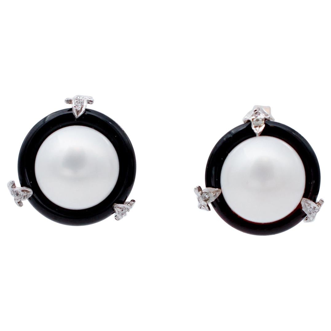 Diamonds, Onyx, Pearls, 14 Karat White and Rose Gold Stud Earrings