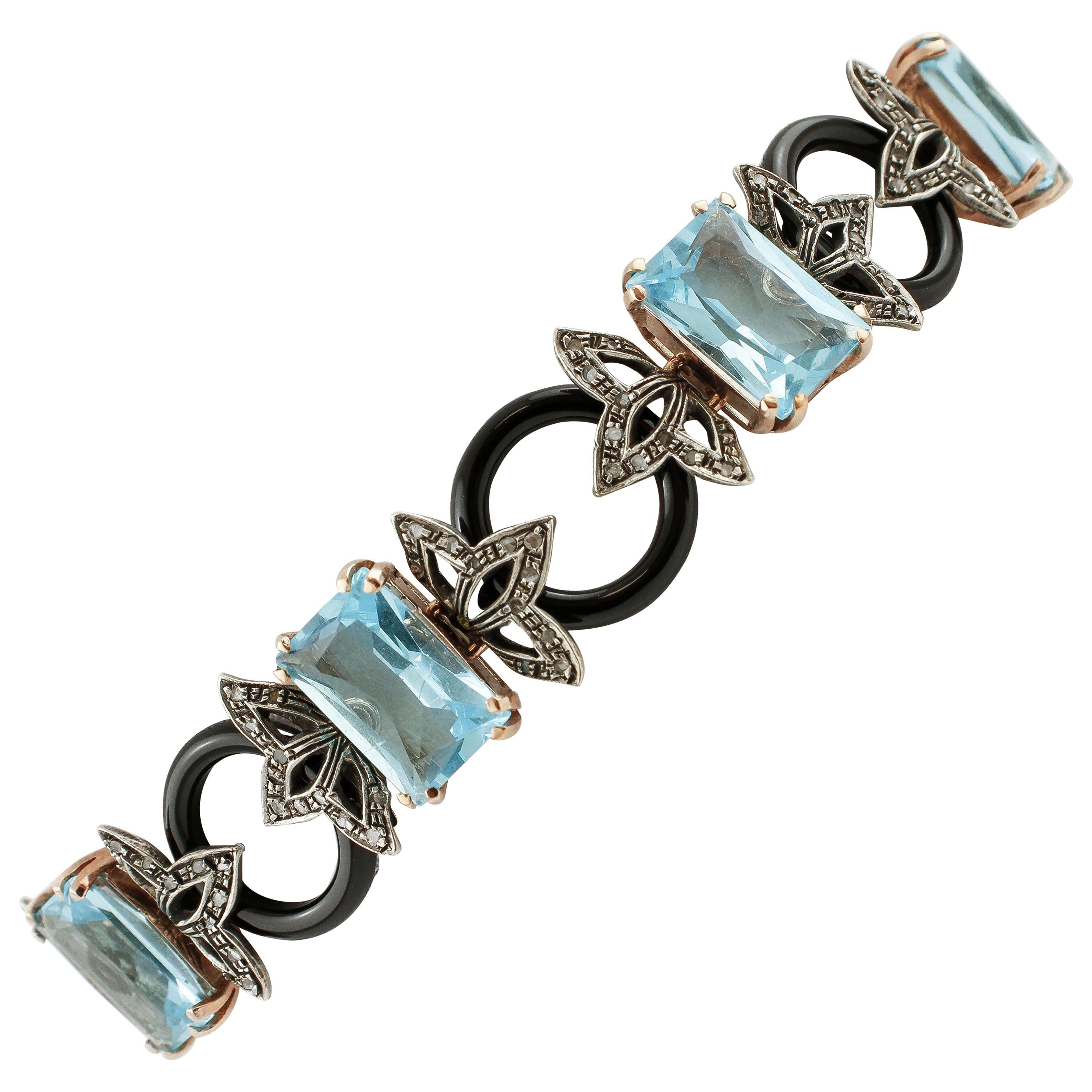 Diamonds, Onyx Rings, White Pearls 9 Karat Rose Gold and Silver Link