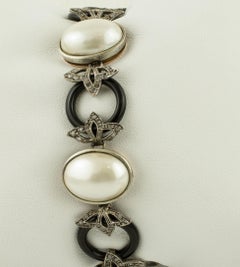 Diamonds, Onyx Rings, White Pearls 9 Karat Rose Gold and Silver Link Bracelet