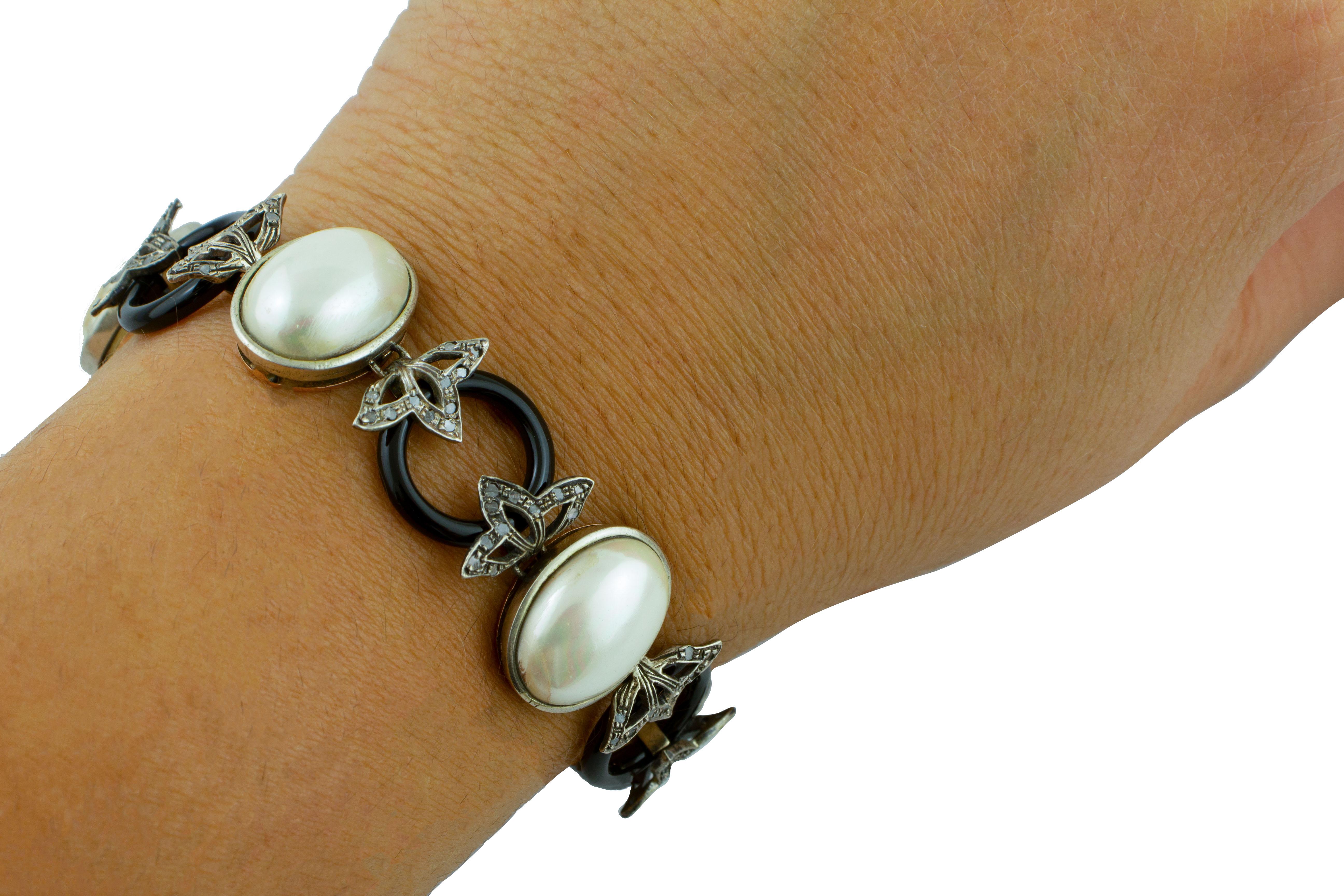 Women's Diamonds, Onyx Rings, White Pearls 9 Karat Rose Gold and Silver Link Bracelet For Sale