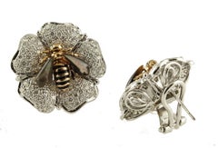 Diamonds Onyx Stones White and Rose Gold Flower-Bee Clip-On Earrings