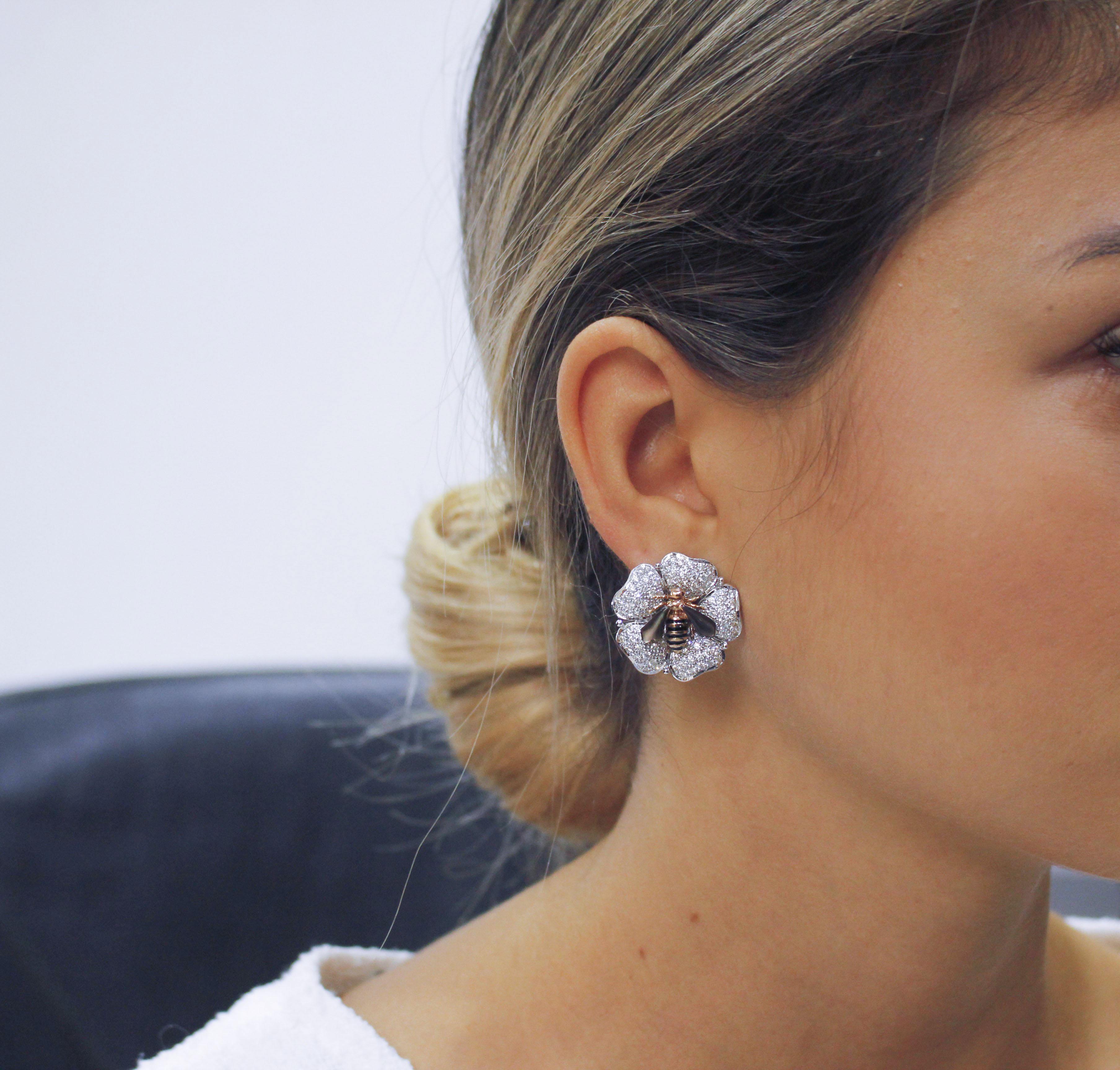 Women's Diamonds Onyx Stones White and Rose Gold Flower-Bee Clip-On Earrings 