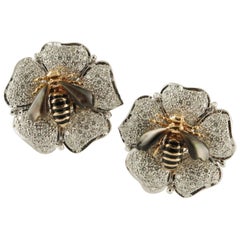 Vintage Diamonds Onyx Stones White and Rose Gold Flower-Bee Clip-On Earrings 