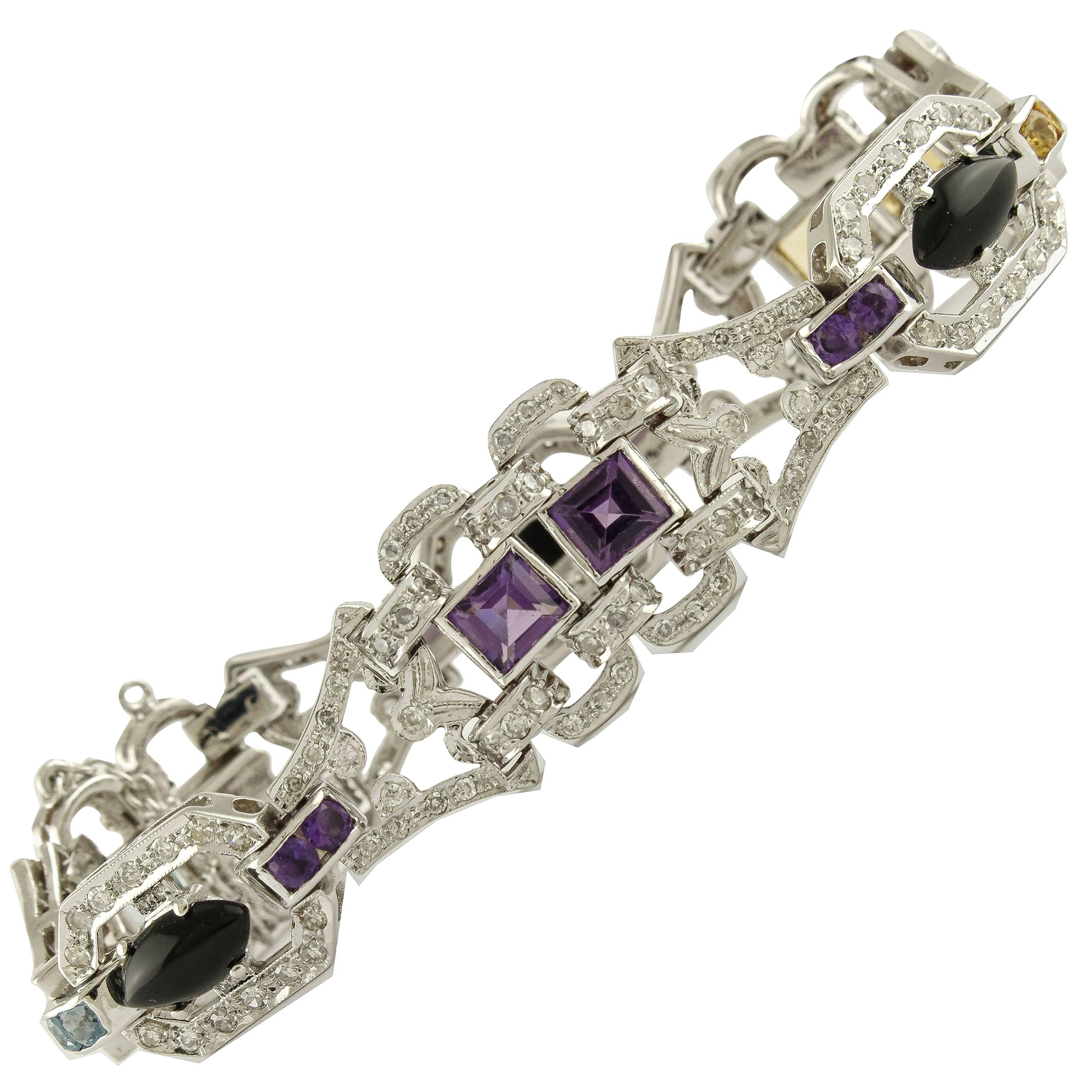 Diamonds Onyx Topazes Amethyst White Gold Bracelet
