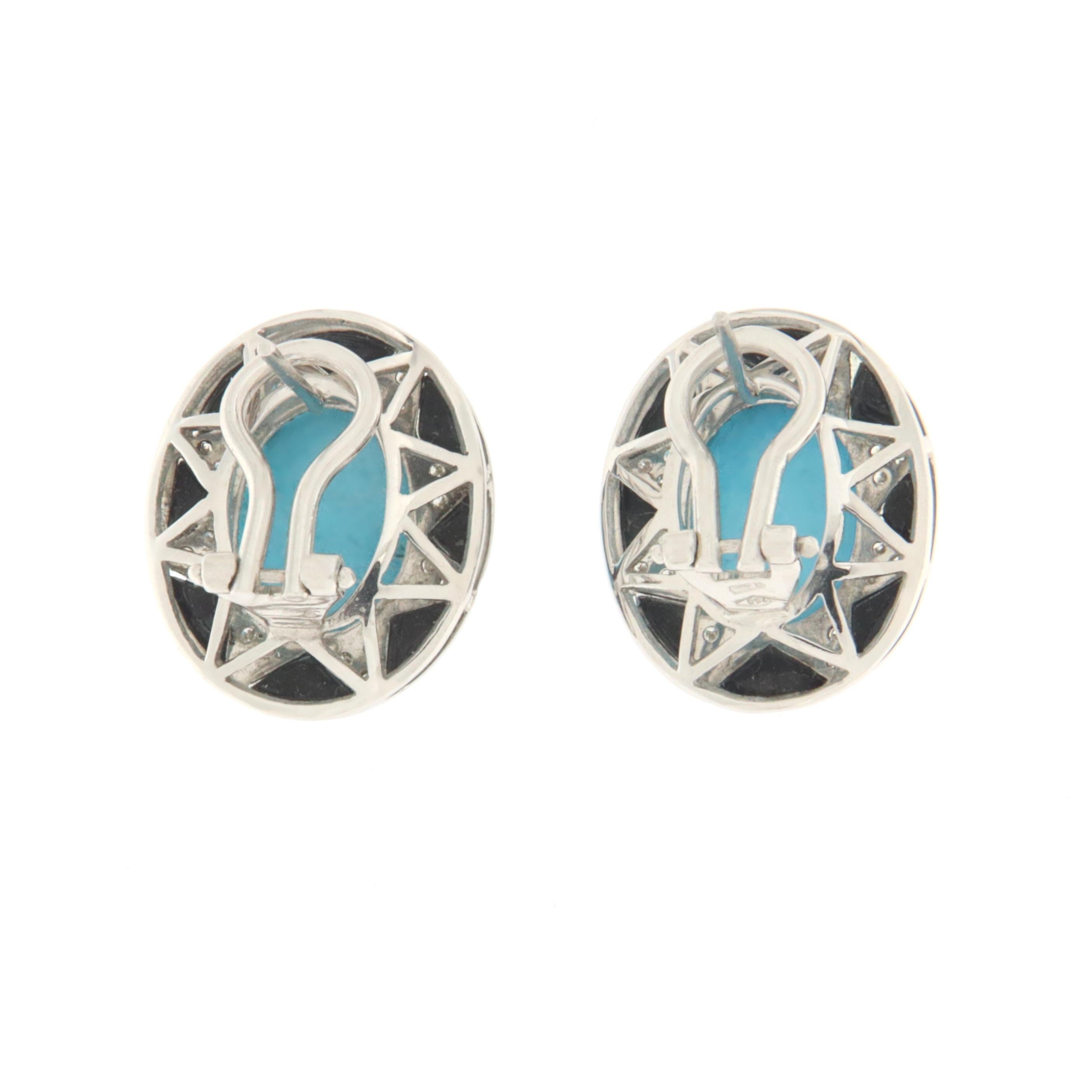 Artisan Diamonds Onyx Turquoise 18 Karat White Gold Stud Earrings For Sale