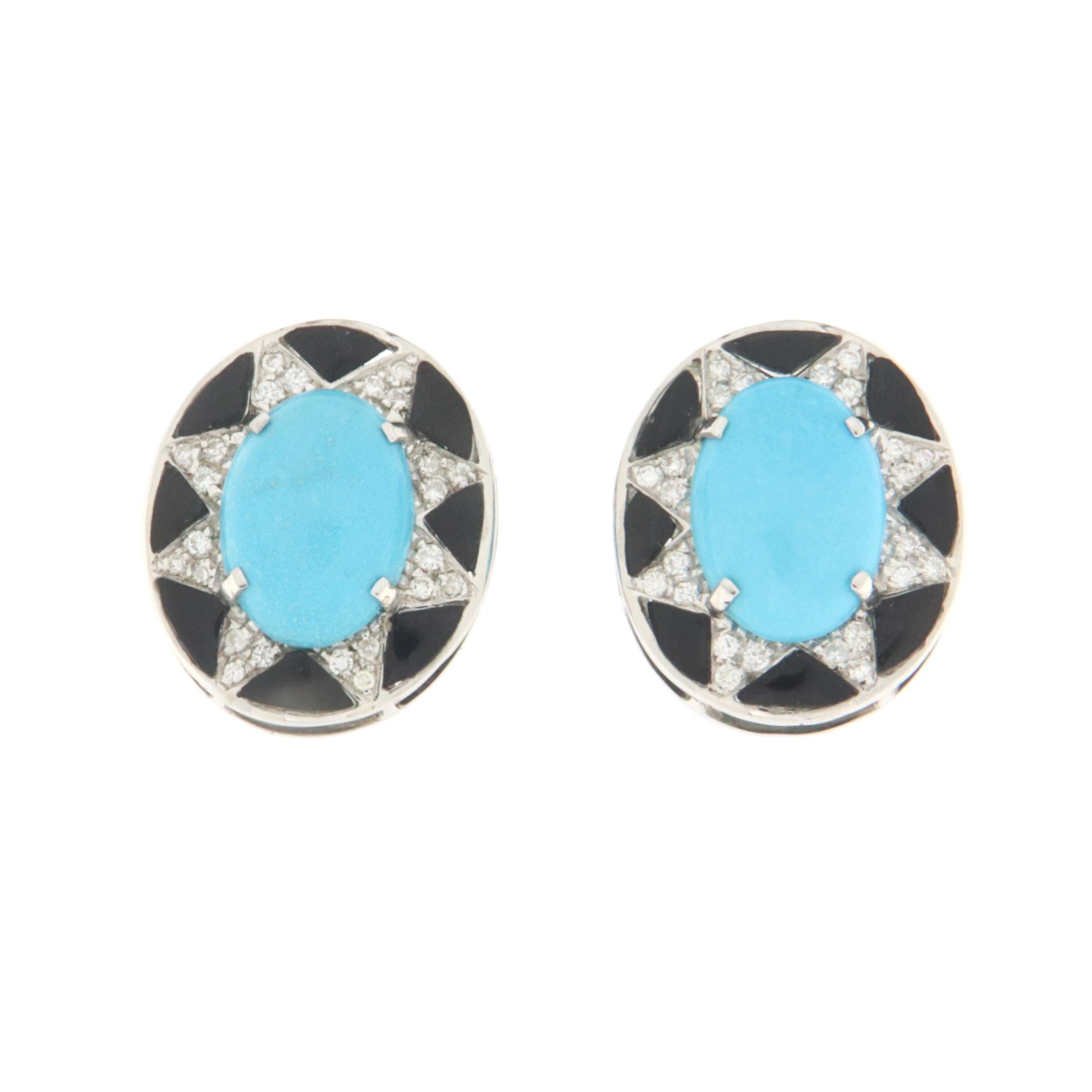 Diamonds Onyx Turquoise 18 Karat White Gold Stud Earrings In New Condition For Sale In Marcianise, IT
