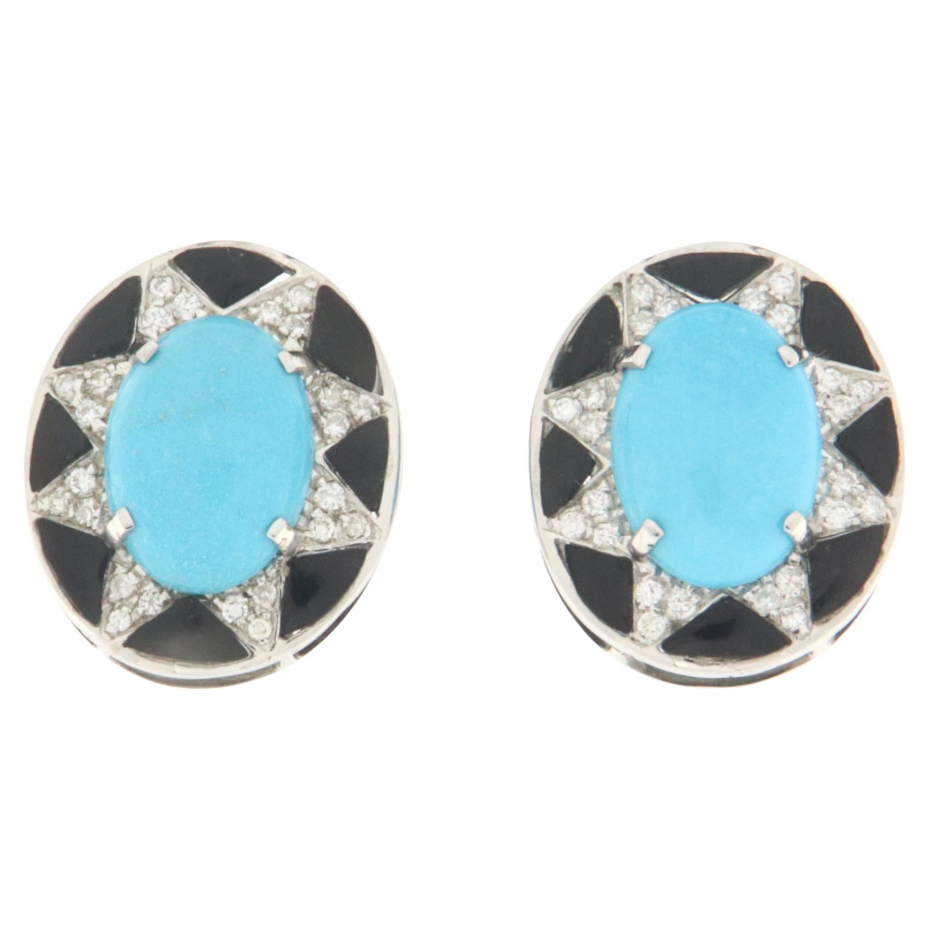 Diamonds Onyx Turquoise 18 Karat White Gold Stud Earrings For Sale