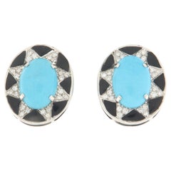 Diamonds Onyx Turquoise 18 Karat White Gold Stud Earrings