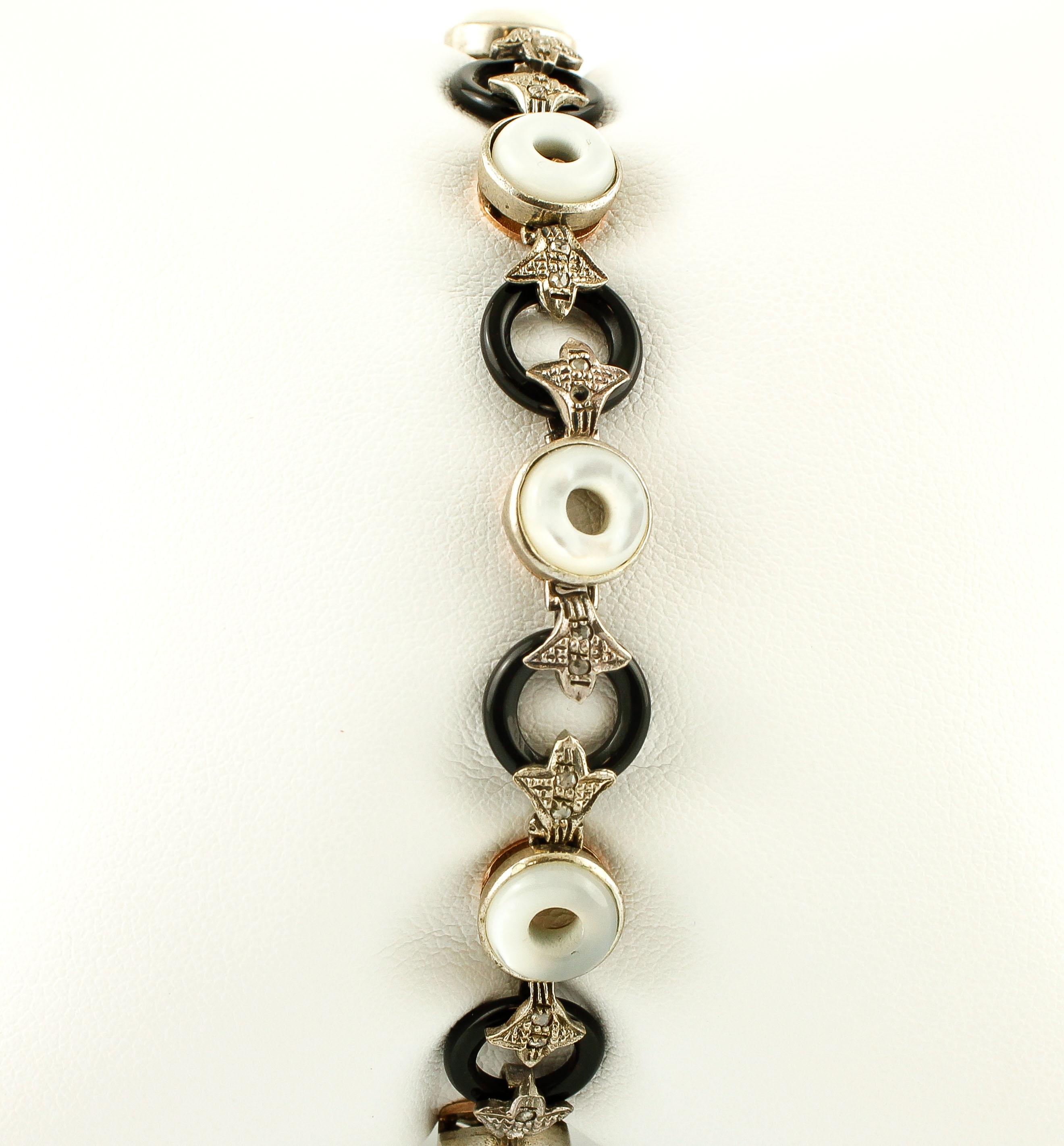 Diamonds, Onyx, White Hard Stone, 9 Karat Rose Gold and Silver, Retro Bracelet In Excellent Condition In Marcianise, Marcianise (CE)