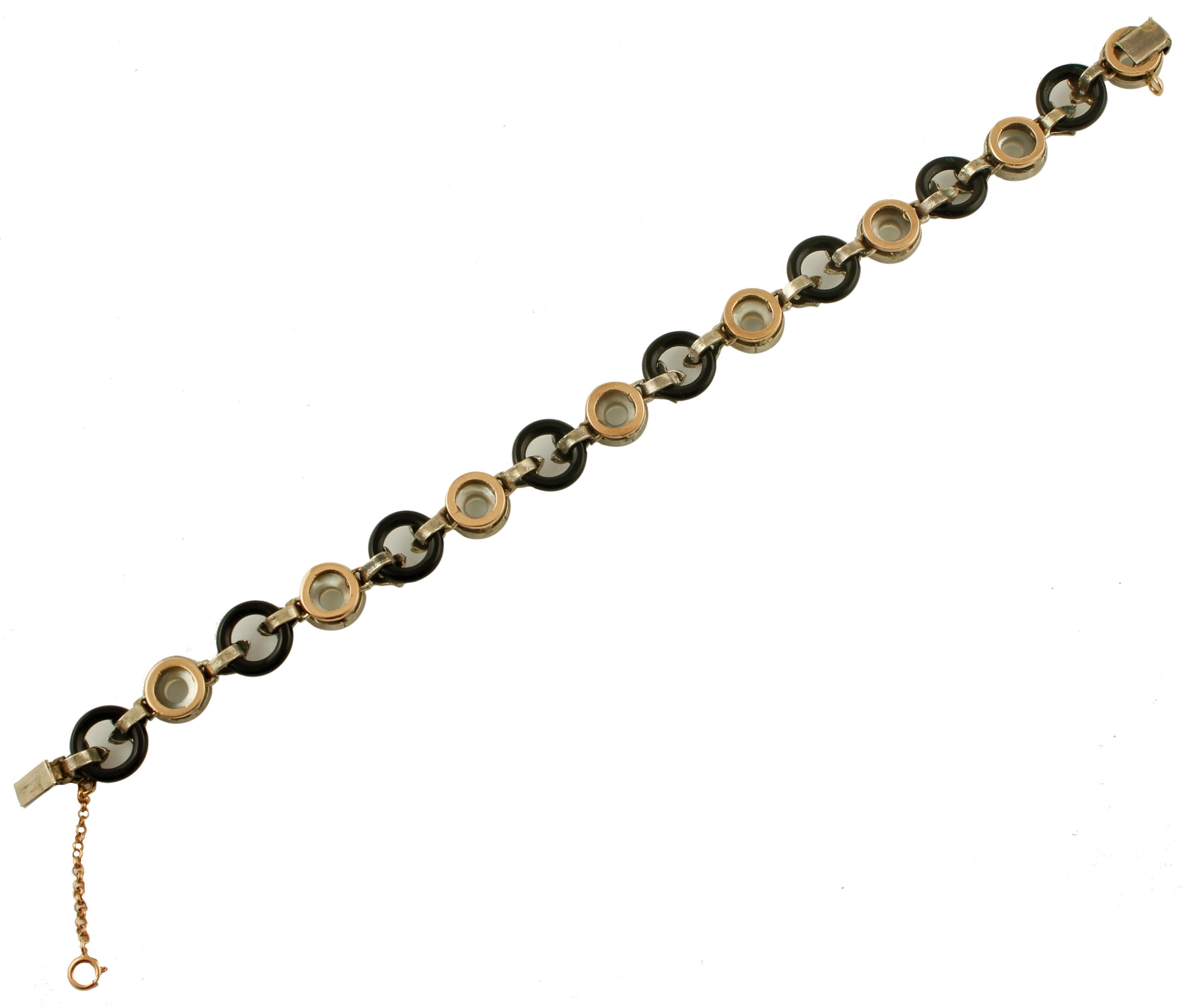 Diamonds, Onyx, White Hard Stone, 9 Karat Rose Gold and Silver, Retro Bracelet 1