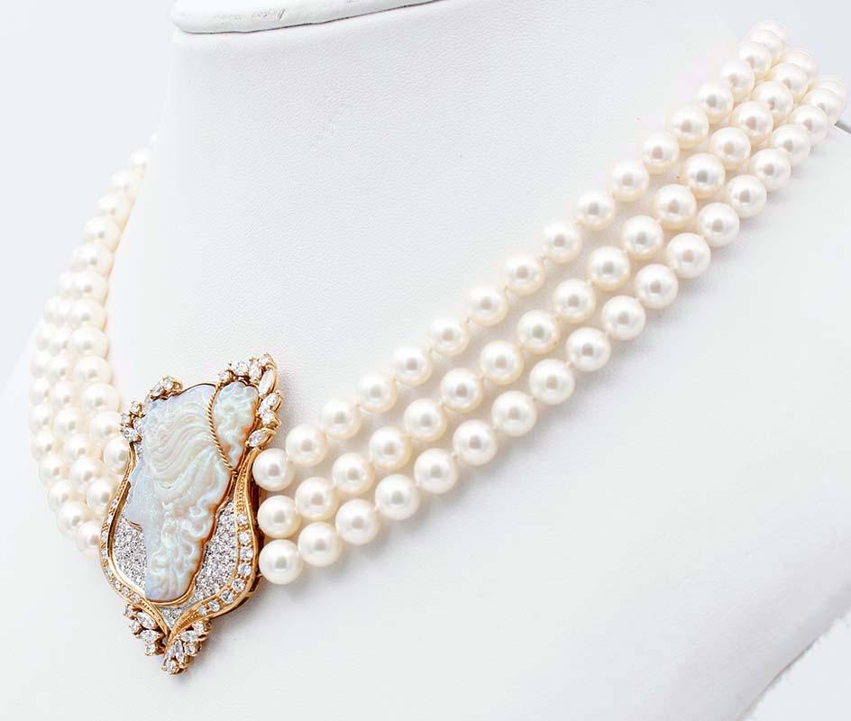 Retro Diamonds, Opals, Akoya Pearls, 18 Karat Gold, Multi-Strands Beaded Necklace