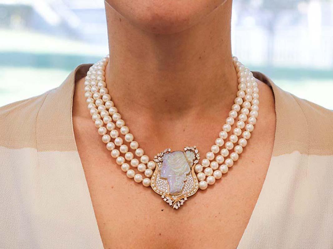 Women's Diamonds, Opals, Akoya Pearls, 18 Karat Gold, Multi-Strands Beaded Necklace