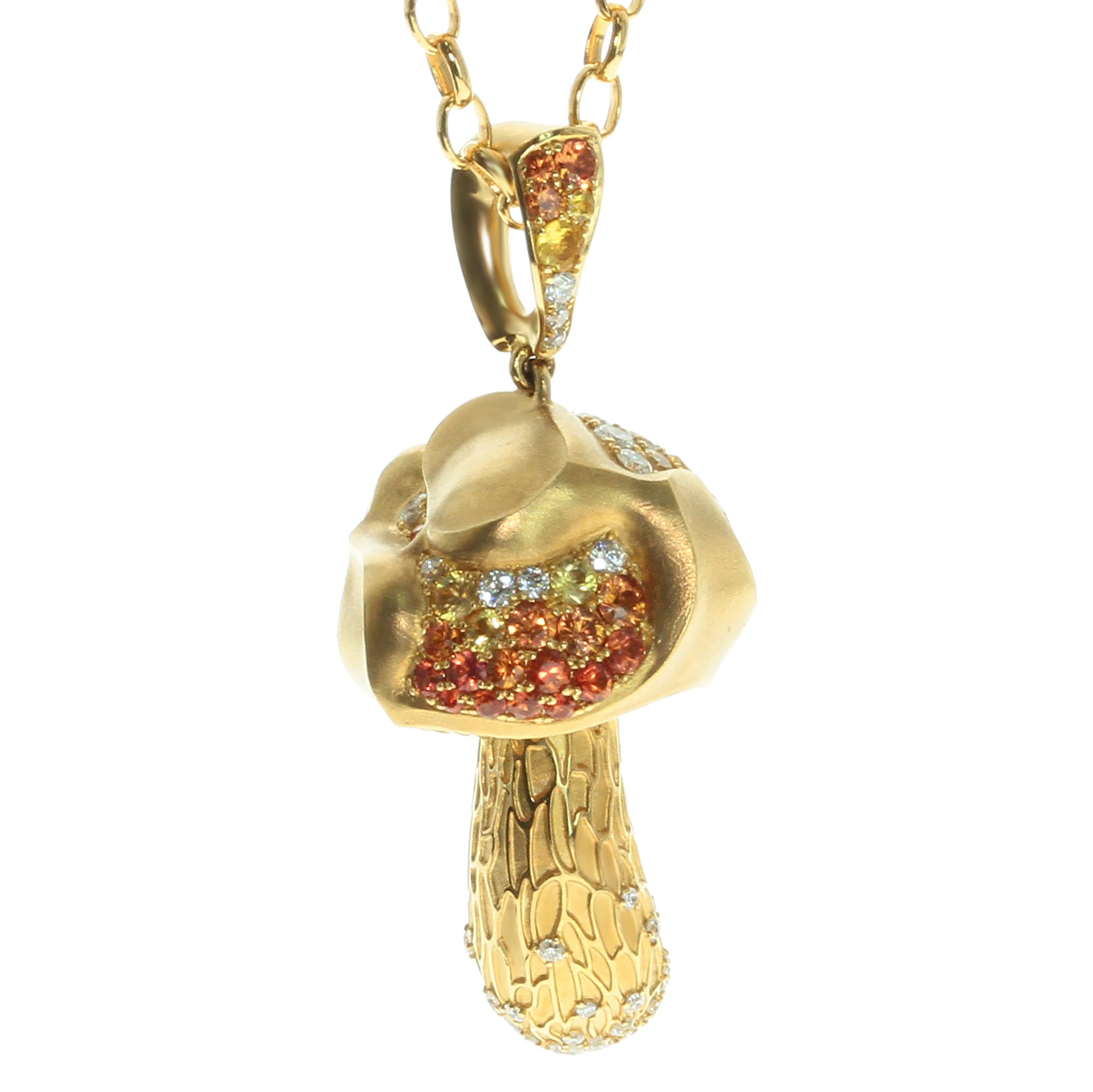 Diamonds Orange Yellow Sapphire 18 Karat Yellow Gold Mushroom Pendant

Please take a look on this hi detailed Mushroom Pendant. All the texture and surfaces are looks like natural.
Please request a video link to check the pendant alive
Also you can