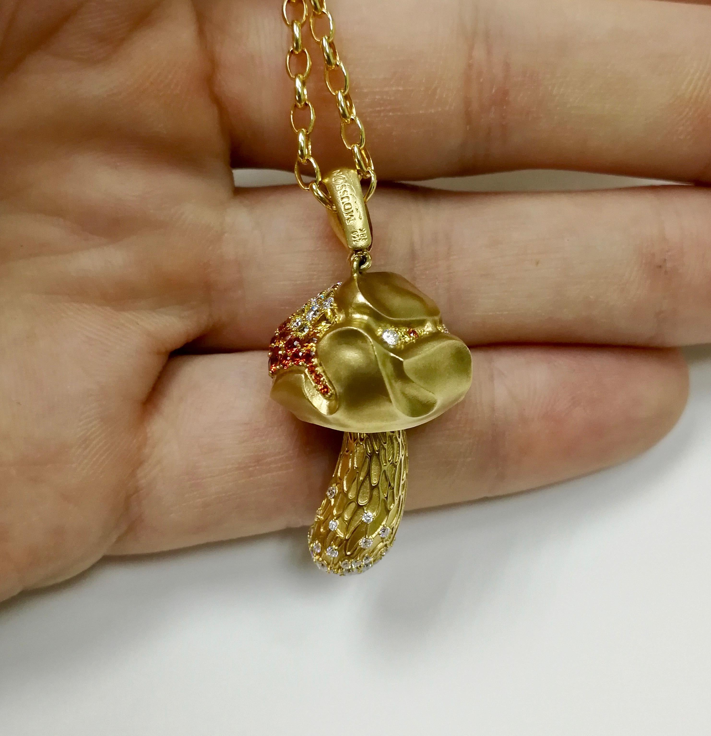 Contemporary Diamonds Orange Yellow Sapphire 18 Karat Yellow Gold Mushroom Pendant For Sale