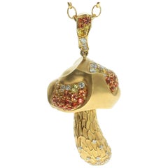 Pendentif champignon en or jaune 18 carats avec diamants et saphirs orange et jaune