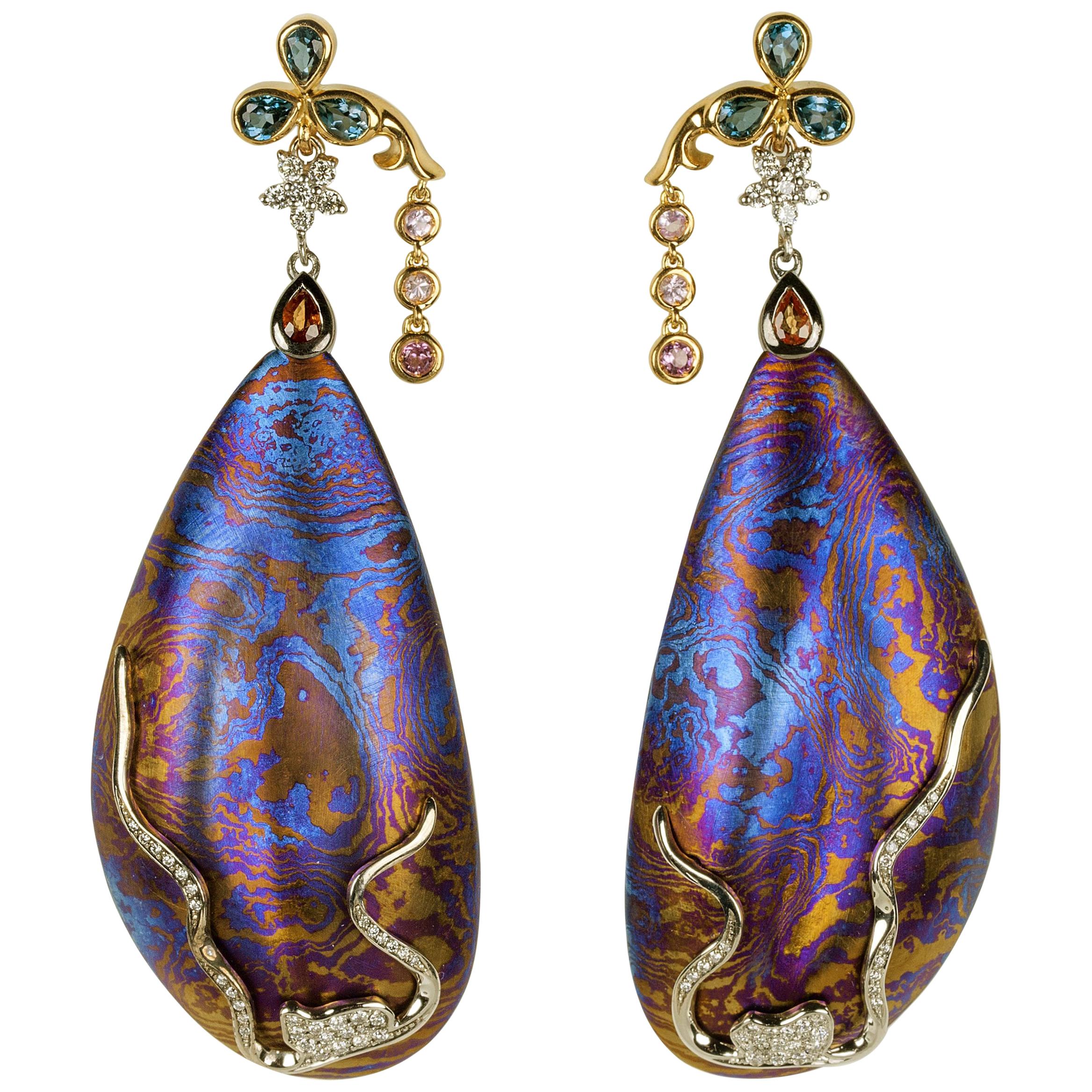 Diamonds Padparadscha Sapphires Tourmalines 18 Karat Gold Timascus Earrings For Sale