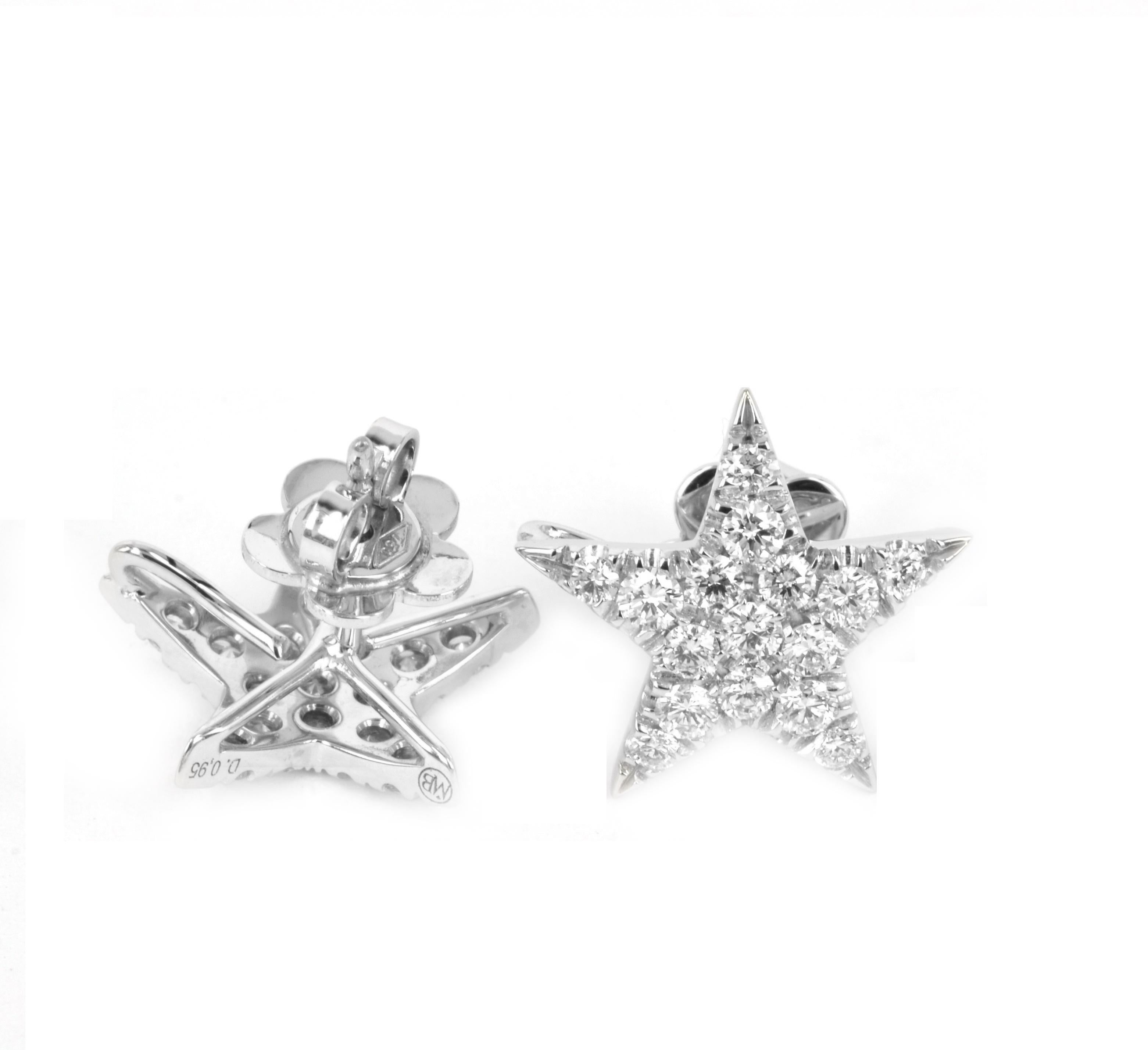 Beautifully pavè set in diamonds, the Stars lobe earrings are handcrafted in Italy, in Margherita Burgener workshop. Very sparkling and very chic.
Size inches 0,629  at largest point equal to cm 1.6 -  Fitting and butterfly

18KT white gold   total