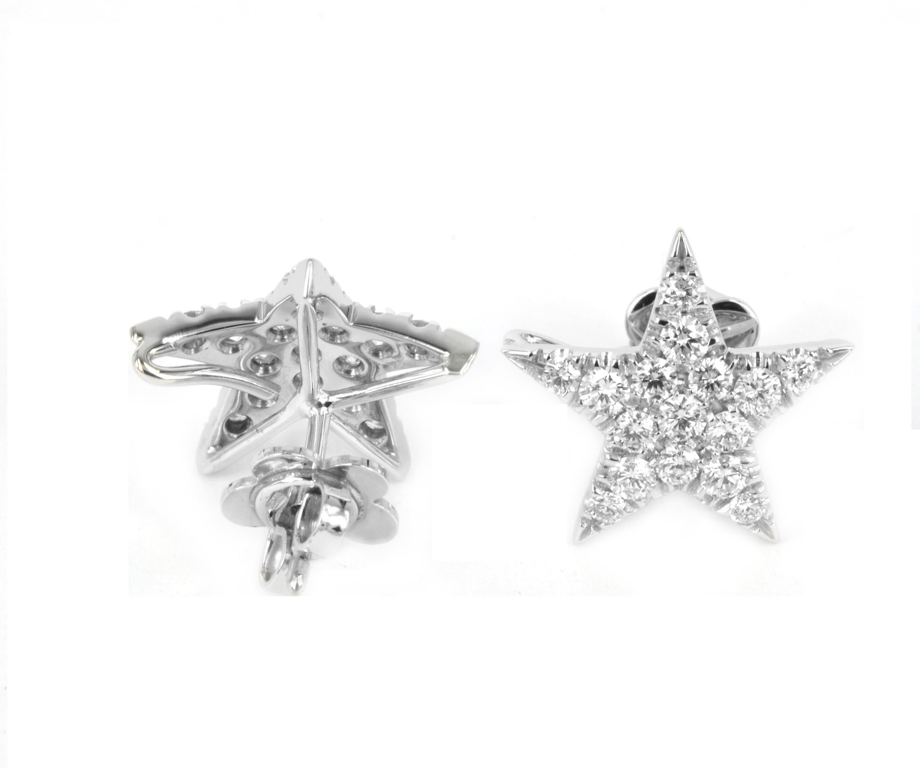 Contemporary Diamonds Pave'  18 KT White Gold Handmade in Italy  Stars Earrings For Sale