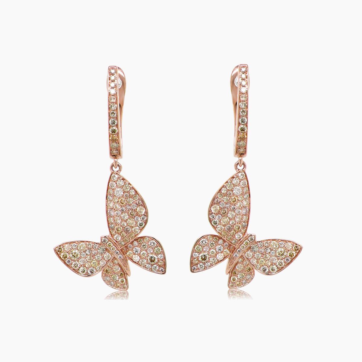 Orecchini a goccia in oro rosa 18 carati con pavé di diamanti e farfalla dolce In condizioni Nuovo in vendita a Oakton, VA