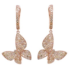 Boucles d'oreilles pendantes en or rose 18K avec papillon pavé de diamants
