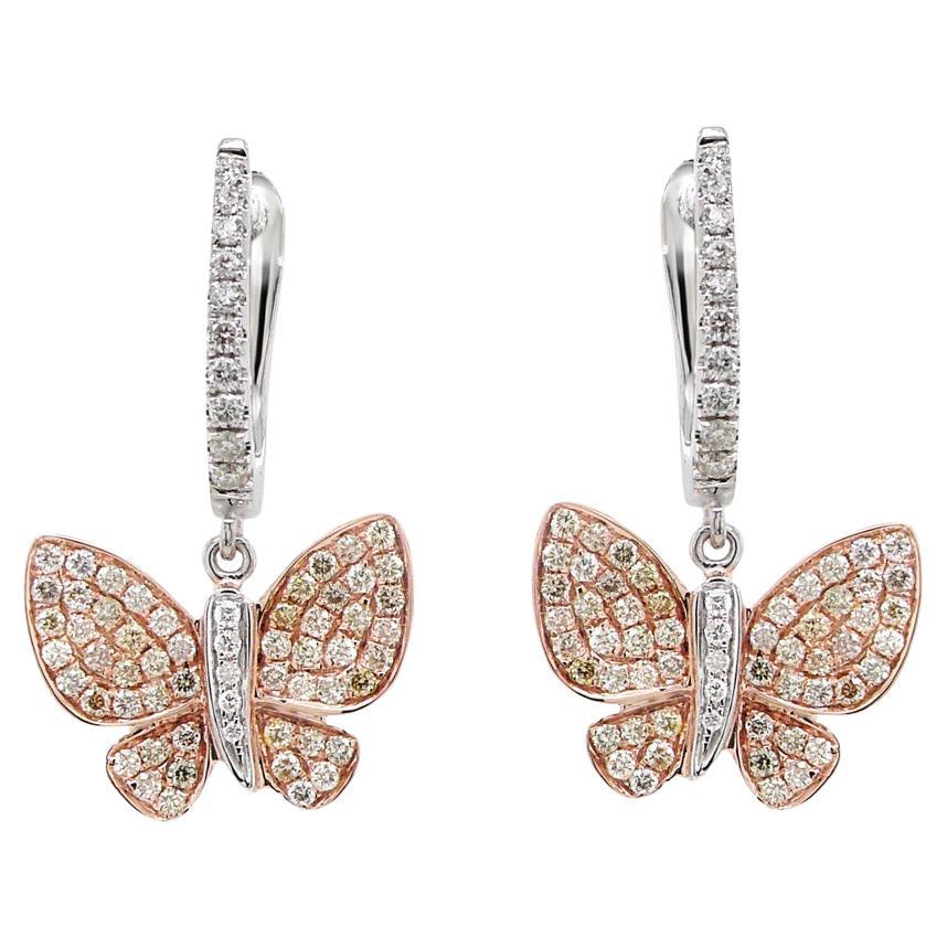 Diamonds Pave Butterfly Sweet 18K White & Rose Gold Drop Earrings