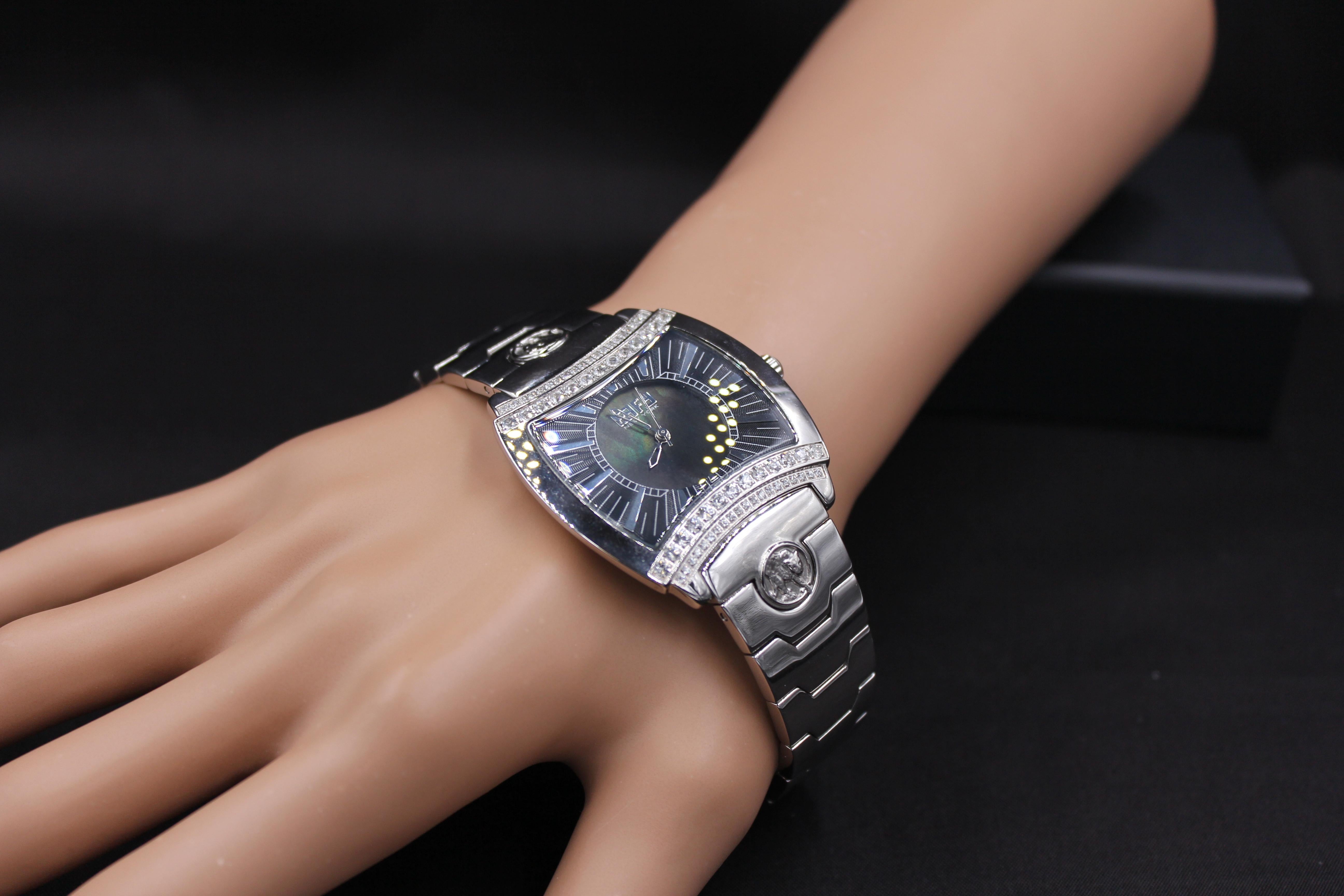 ·     Quality Swiss-Quartz movement guarantees precision timing
·         Mother-of-Pearl dial micro-paved with diamonds and gemstones enhances any dress style
·         Scratch-resistant sapphire glass lens
·         Genuine exotic stingray leather