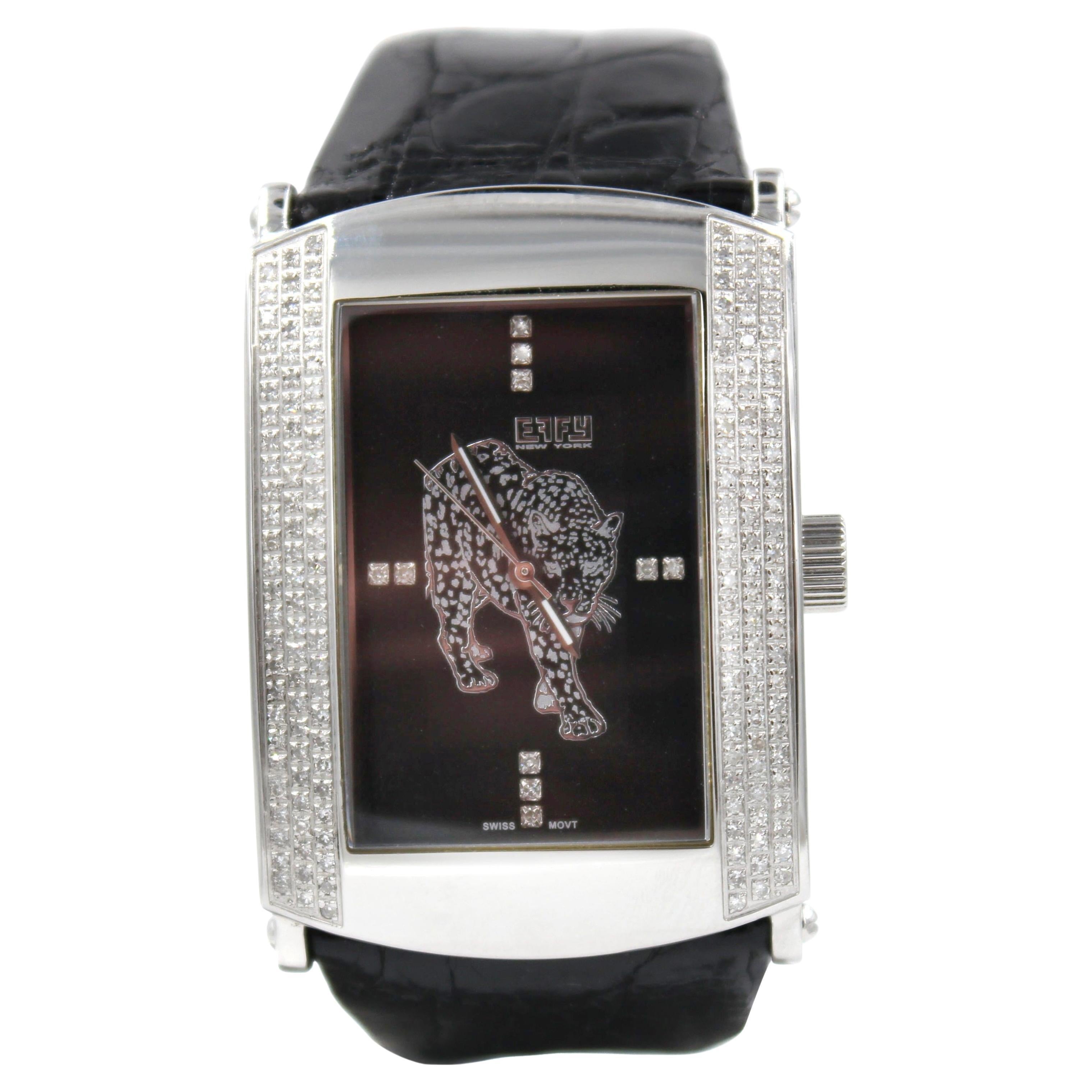 Diamanten Pave Zifferblatt Luxus Schweizer Quarz Exotische Lederband Uhr im Angebot