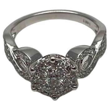Diamonds Pave Set Cluster Round Halo Bypass Spiral 14K White Gold Statement Ring