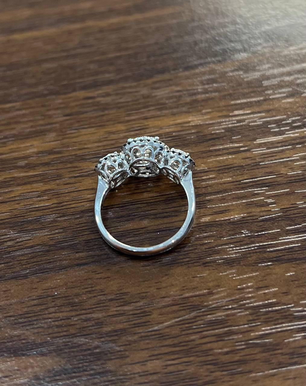 Diamonds Pave Set Round Cluster Black Diamonds Halo White Gold Three Stone Ring In New Condition For Sale In Oakton, VA