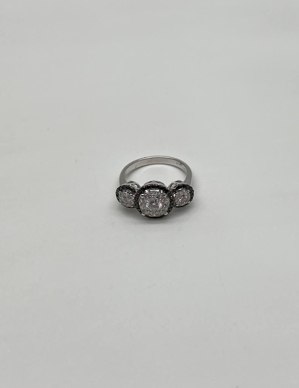 Women's Diamonds Pave Set Round Cluster Black Diamonds Halo White Gold Three Stone Ring For Sale