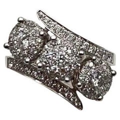 Diamonds Pave Set Round Cluster Halo 14K White Gold Statement Three Stone Ring