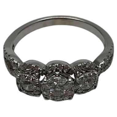 Diamonds Pave Set Round Cluster Halo 14K White Gold Statement Three Stone Ring
