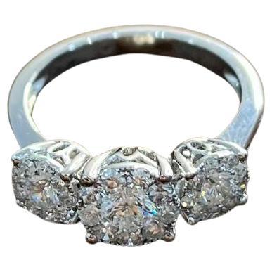 Diamonds Pave Set Round Cluster Halo 14K White Gold Statement Three Stone Ring