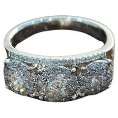 Diamonds Pave Set Round Cluster Halo Set White Gold Statement Three Stone Ring