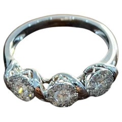Diamonds Pave Set Round Cluster Halo Set White Gold Statement Three Stone Ring