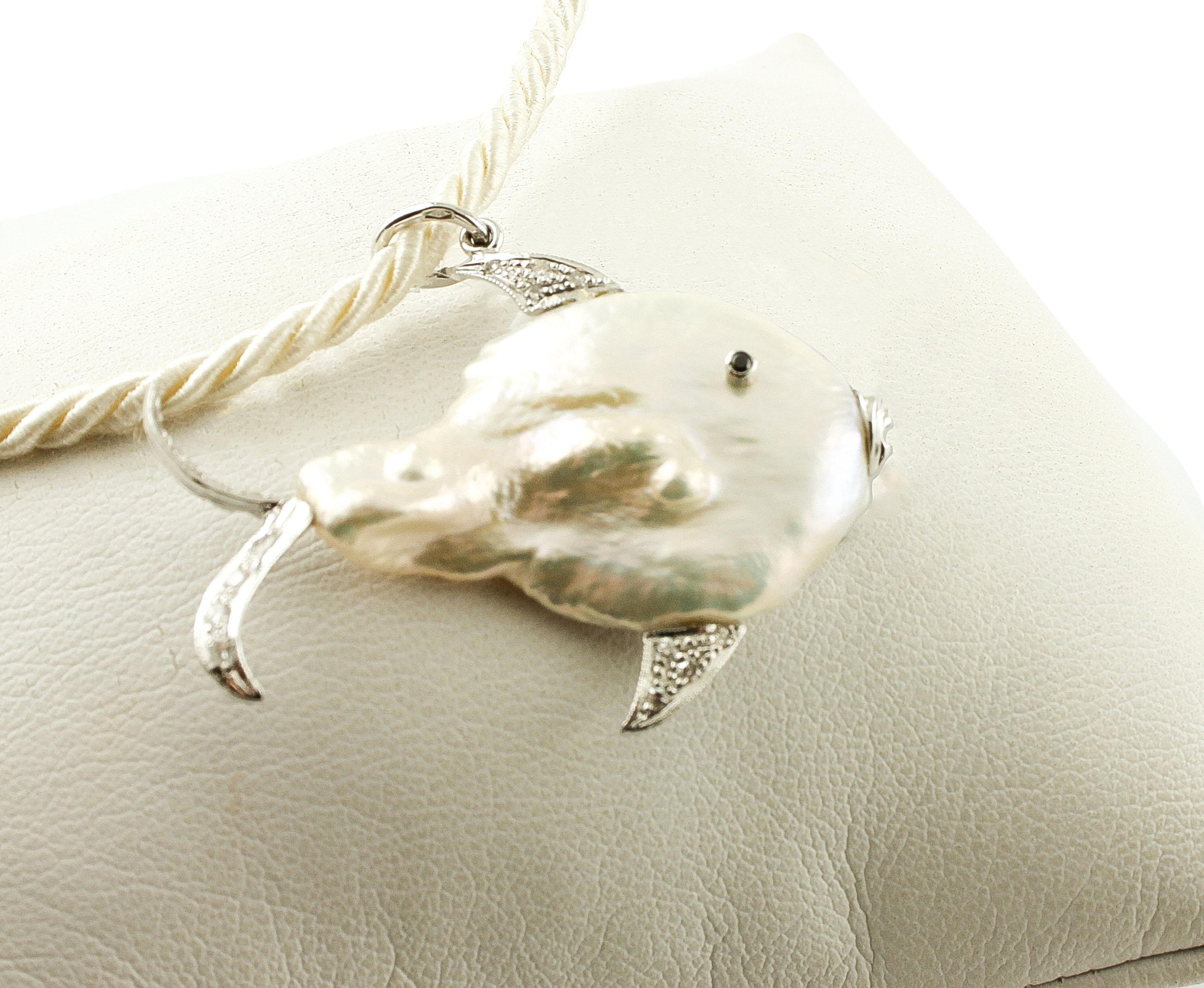 Retro Diamonds, Pearl 14 Karat White Gold Lovely Fish Pendant