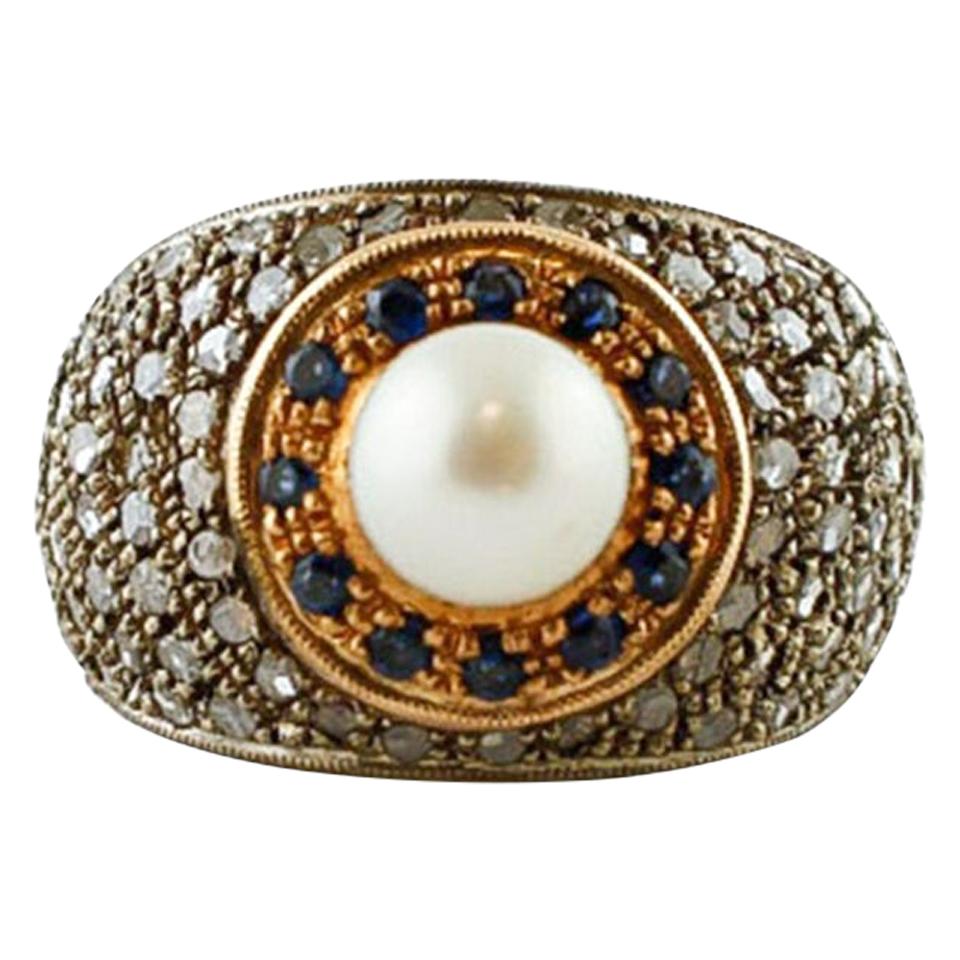 Diamonds, Pearl, Blue Sapphires, 14 Karat Yellow Gold and Silver Retro Ring