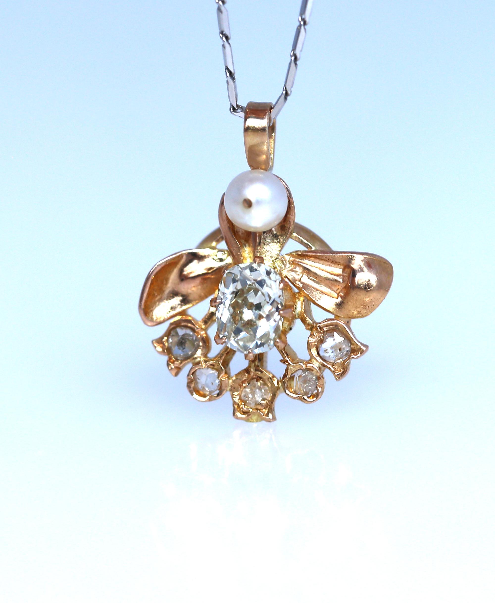 Old European Cut Diamonds Pearl Pink Gold Angel Pendant, 1920