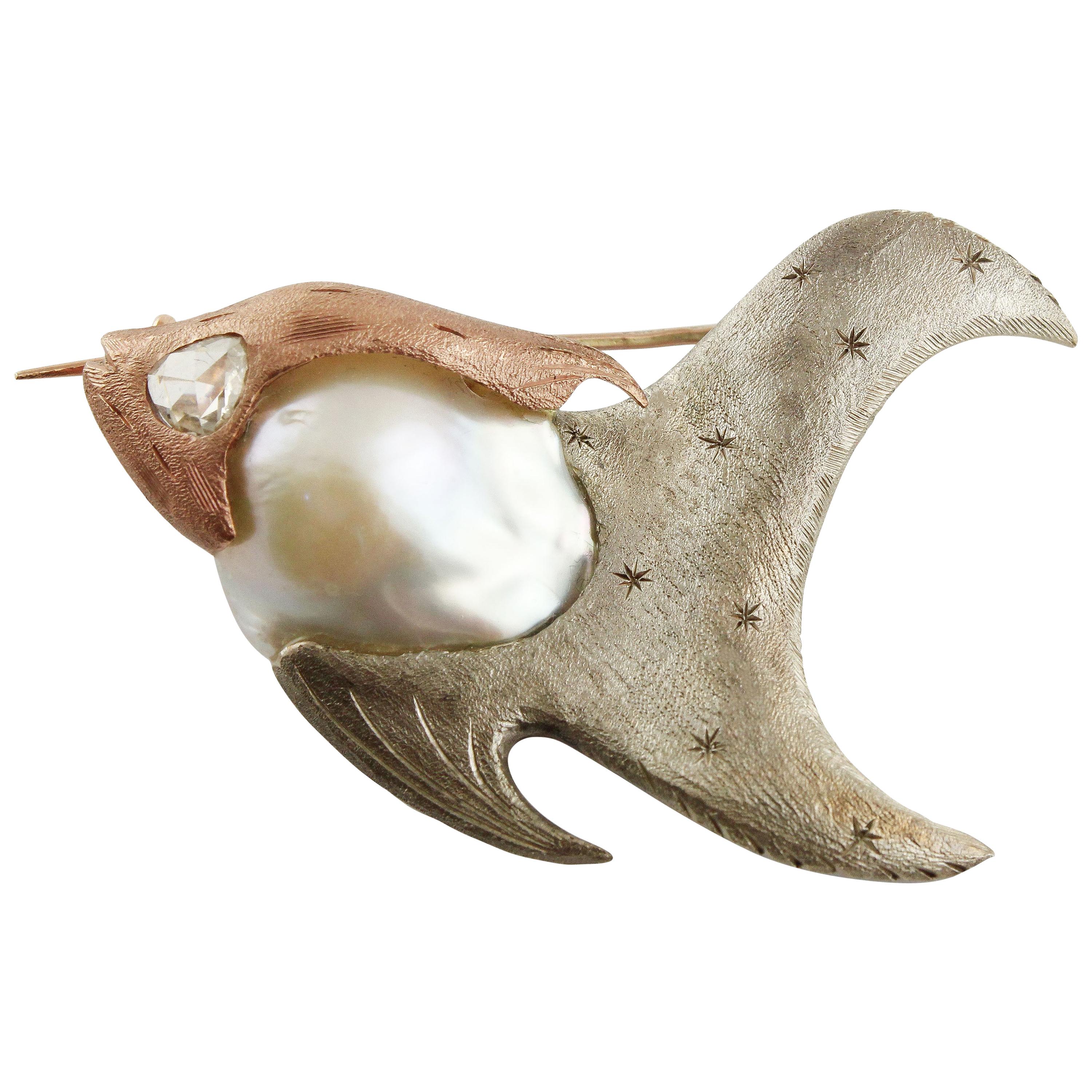 Diamonds Pearl Rose Gold and Silver Fish Shape Brooch For Sale