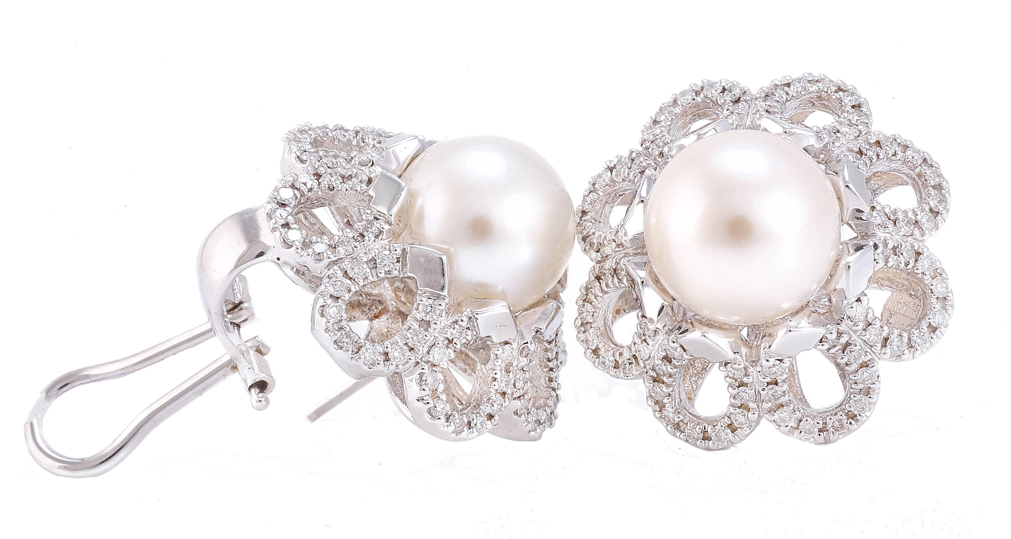 Retro Diamonds Pearl White Gold Earrings For Sale