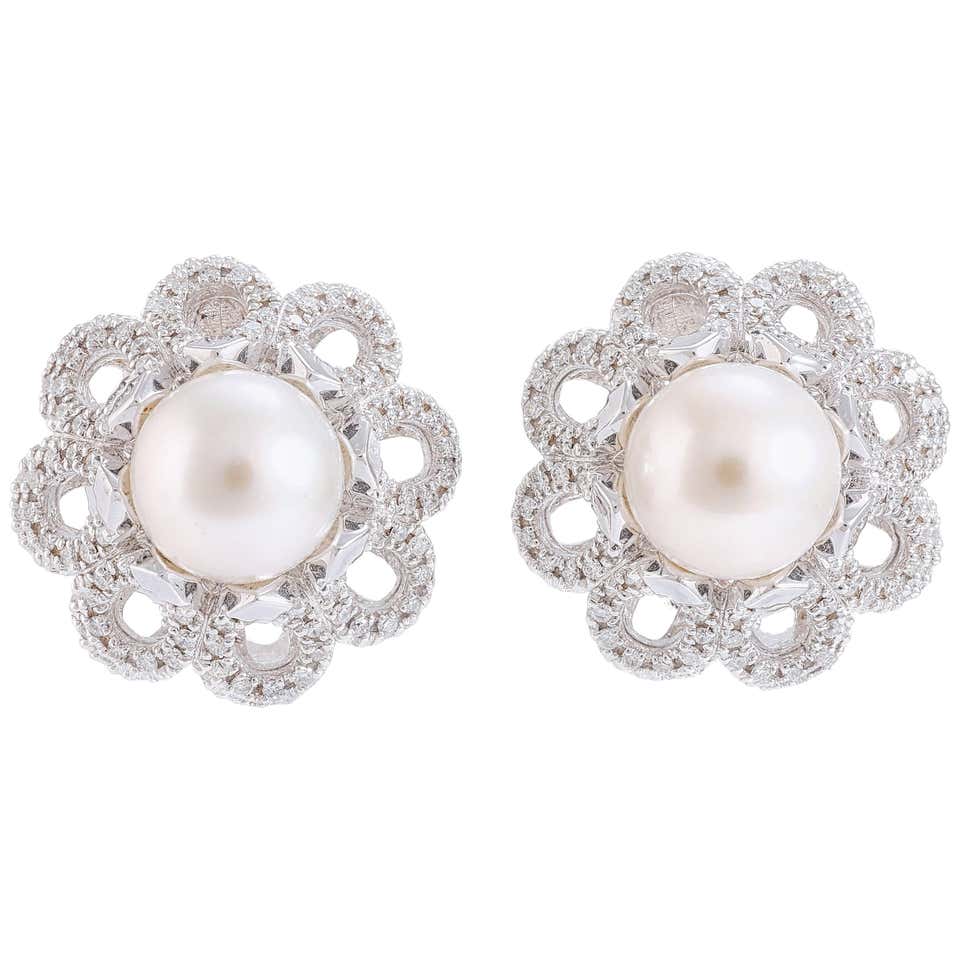 Diamonds Pearl White Gold Earrings For Sale at 1stDibs